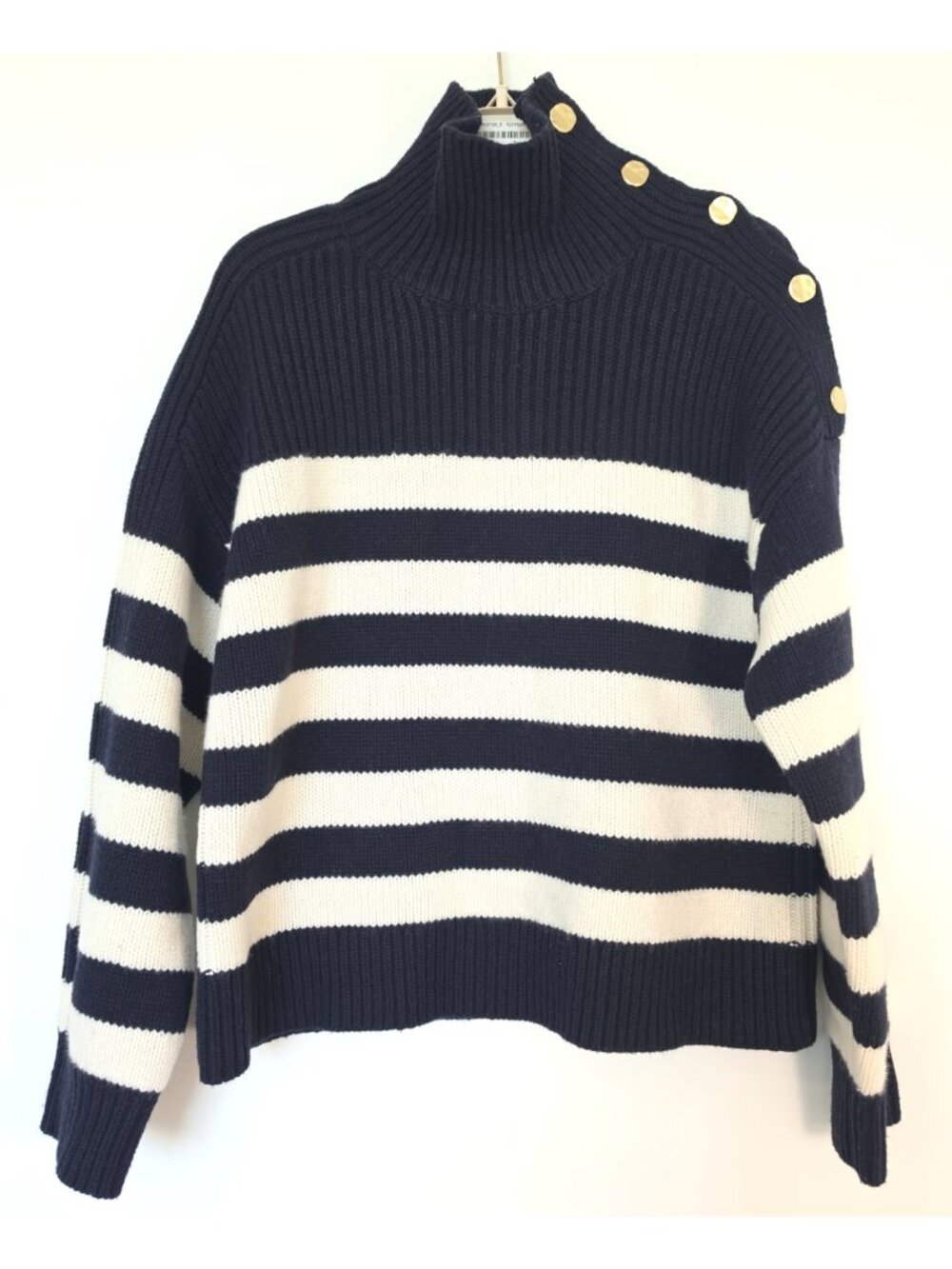 COS Womens Small 100% Wool Striped Turtleneck Sweater Gold Button Navy Cream